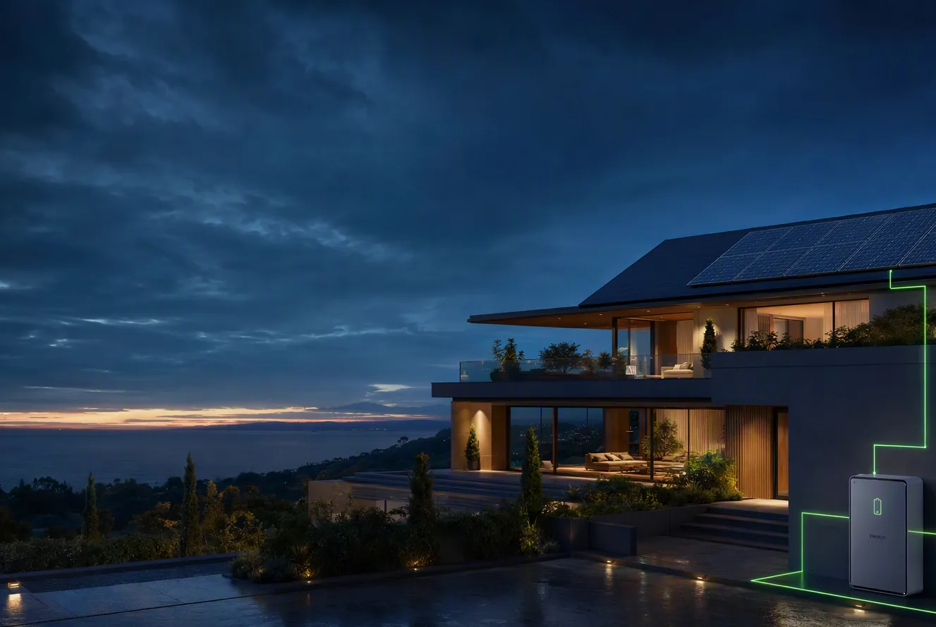 Modern home with solar and battery storage at dusk